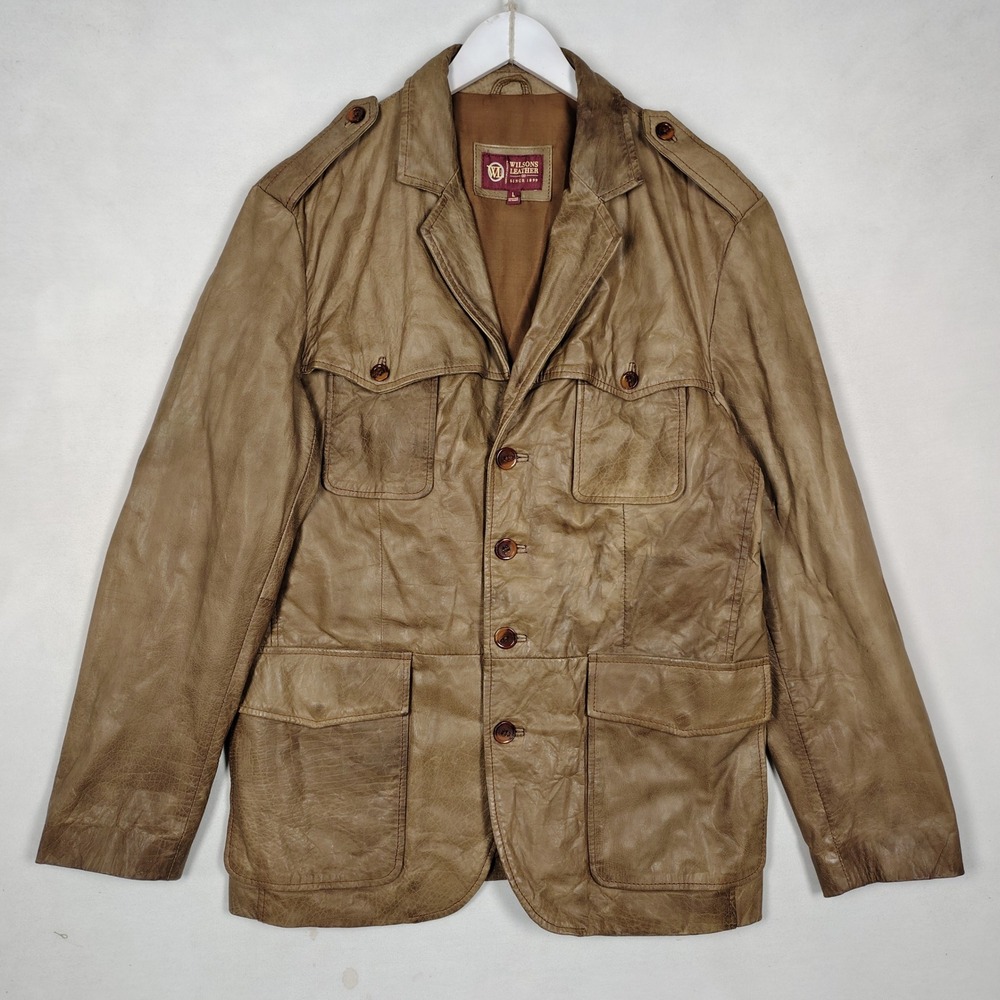 Mens Brown Genuine Leather Safari Field Jacket Four Pocket Epaulette Blazer L